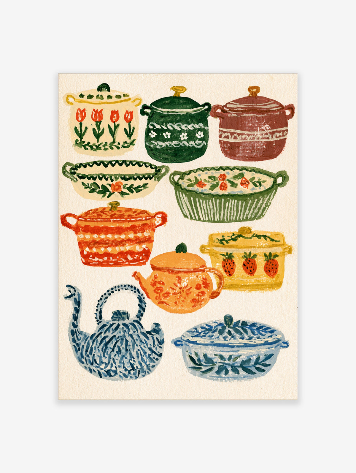 Colourful kitchen poster of vintage cookware including blue teapot, green casserole and red pot on cream background