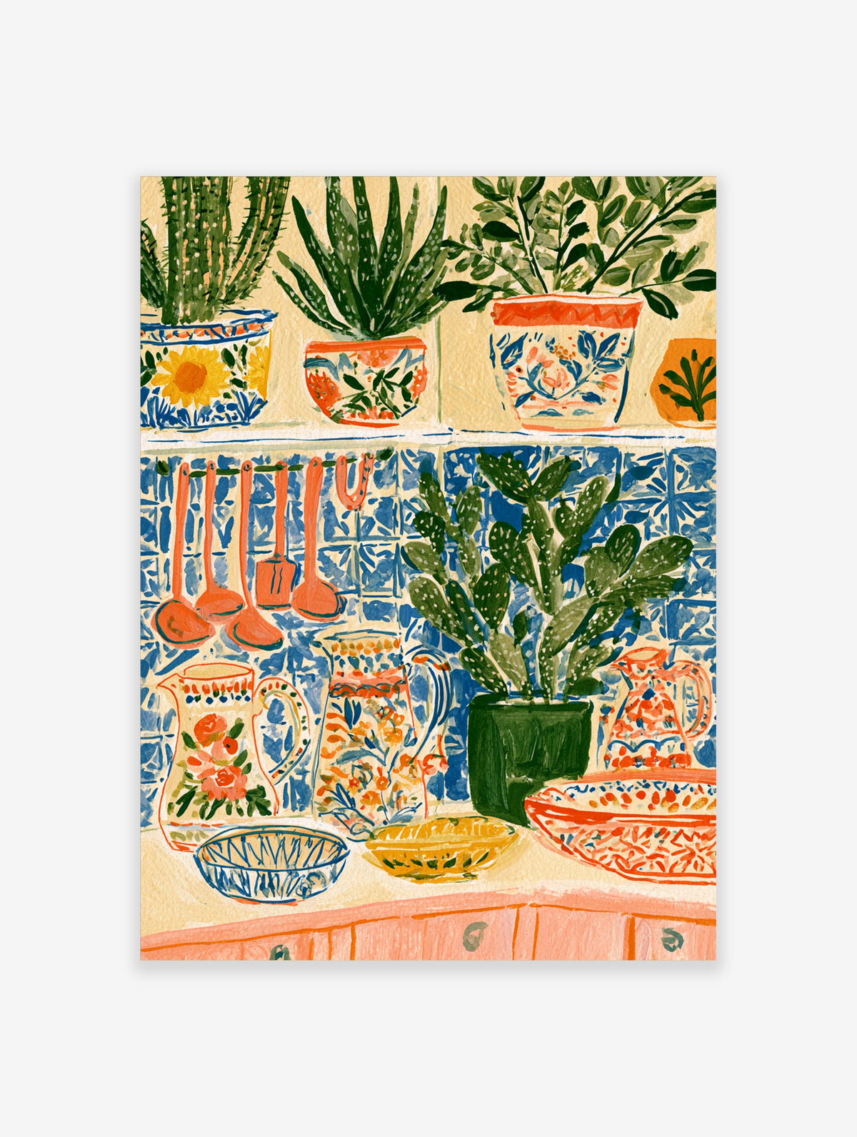 Colourful kitchen art print with potted cacti, blue and white tiles, and orange utensils