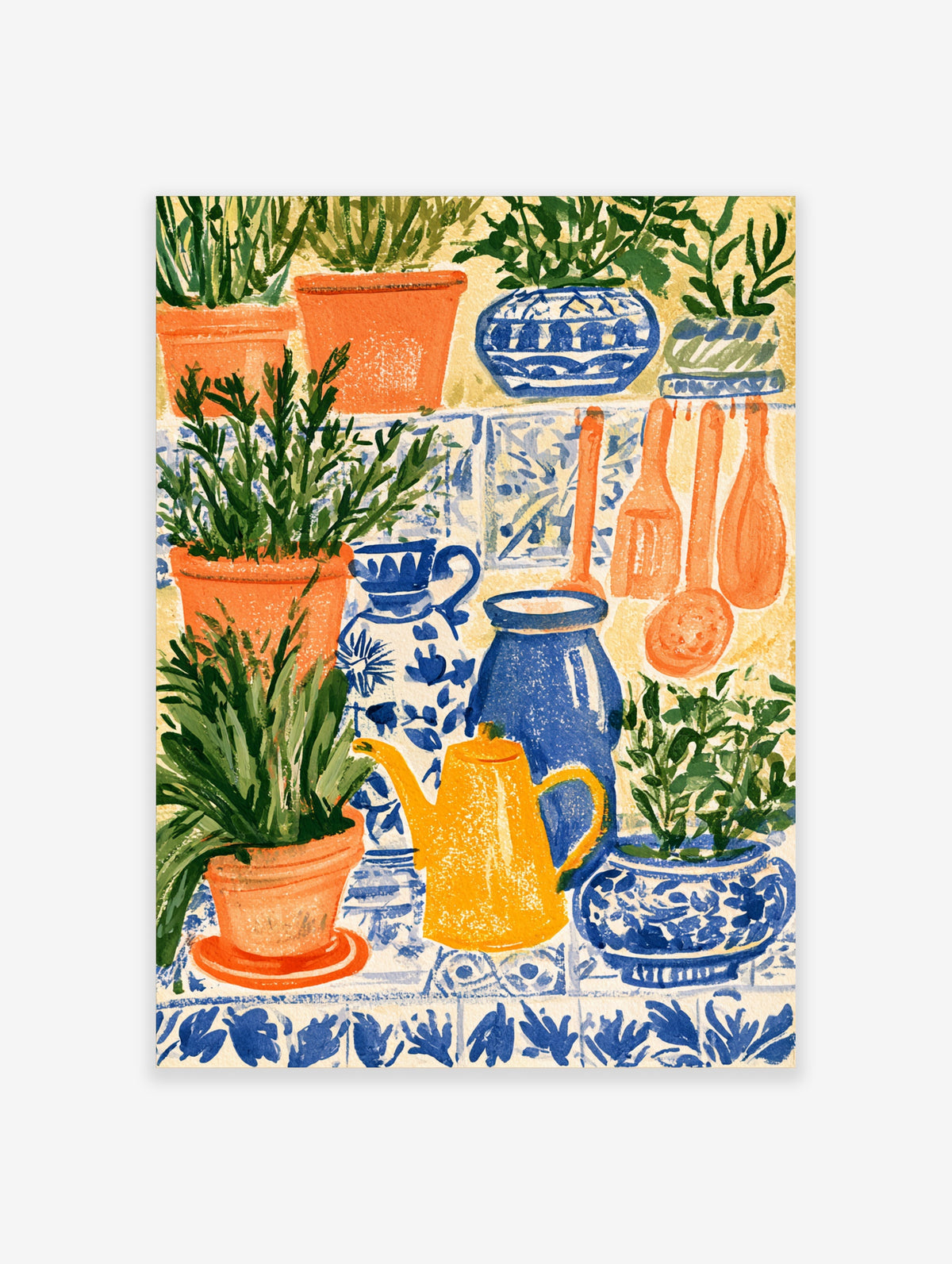 Blue and white kitchen wall art print with potted herbs, yellow teapot, and blue ceramic jugs on a tile background