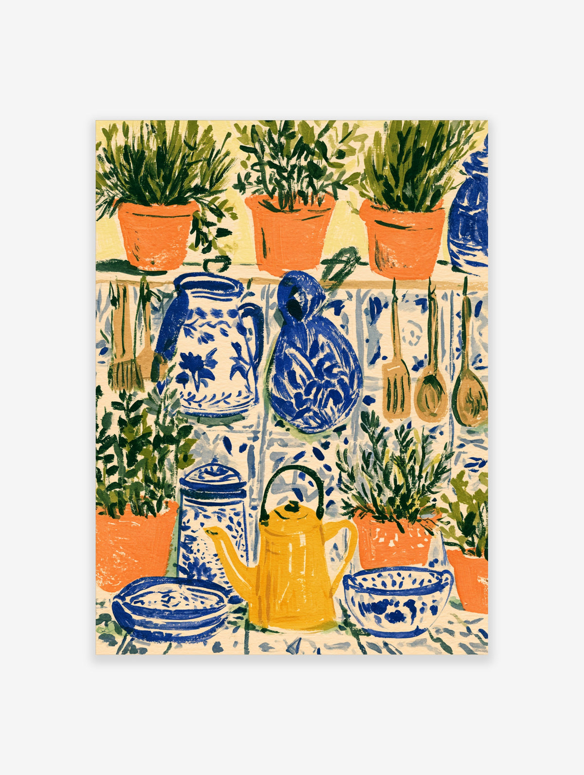 Blue and white kitchen art print with herb pots, yellow teapot, and ceramics