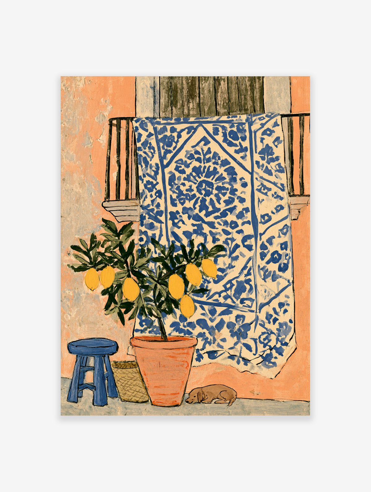 Blue and white textile on balcony above potted lemon tree, blue stool, sleeping dog