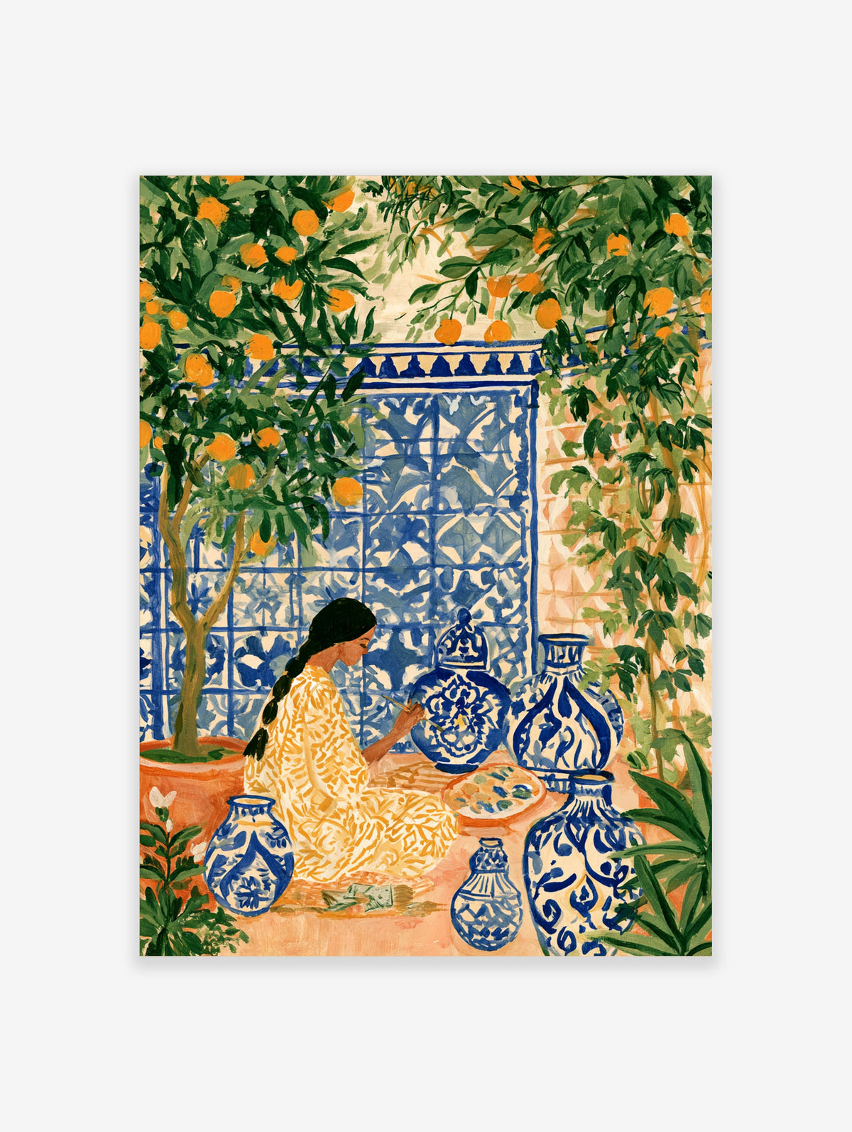 Woman painting blue and white pottery beneath orange trees and tiled wall art print
