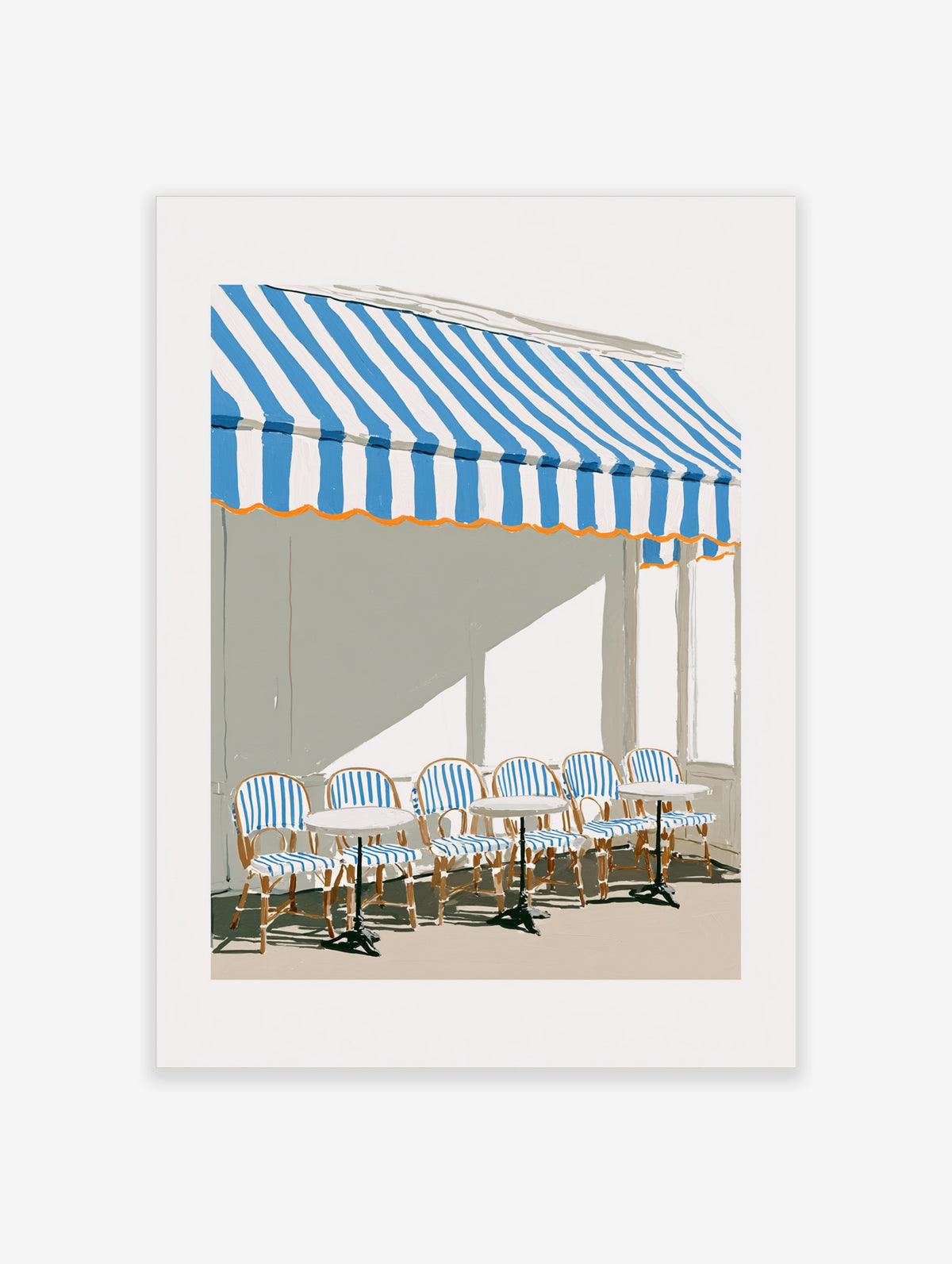 Blue and white striped awning poster with rattan cafe chairs and round tables in a sunlit French terrace scene