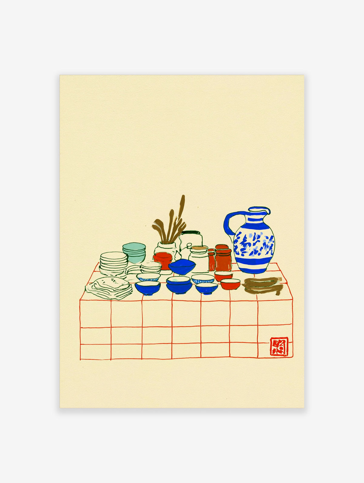 Blue and white tableware still life poster with jug, bowls, plates and utensils on red grid table
