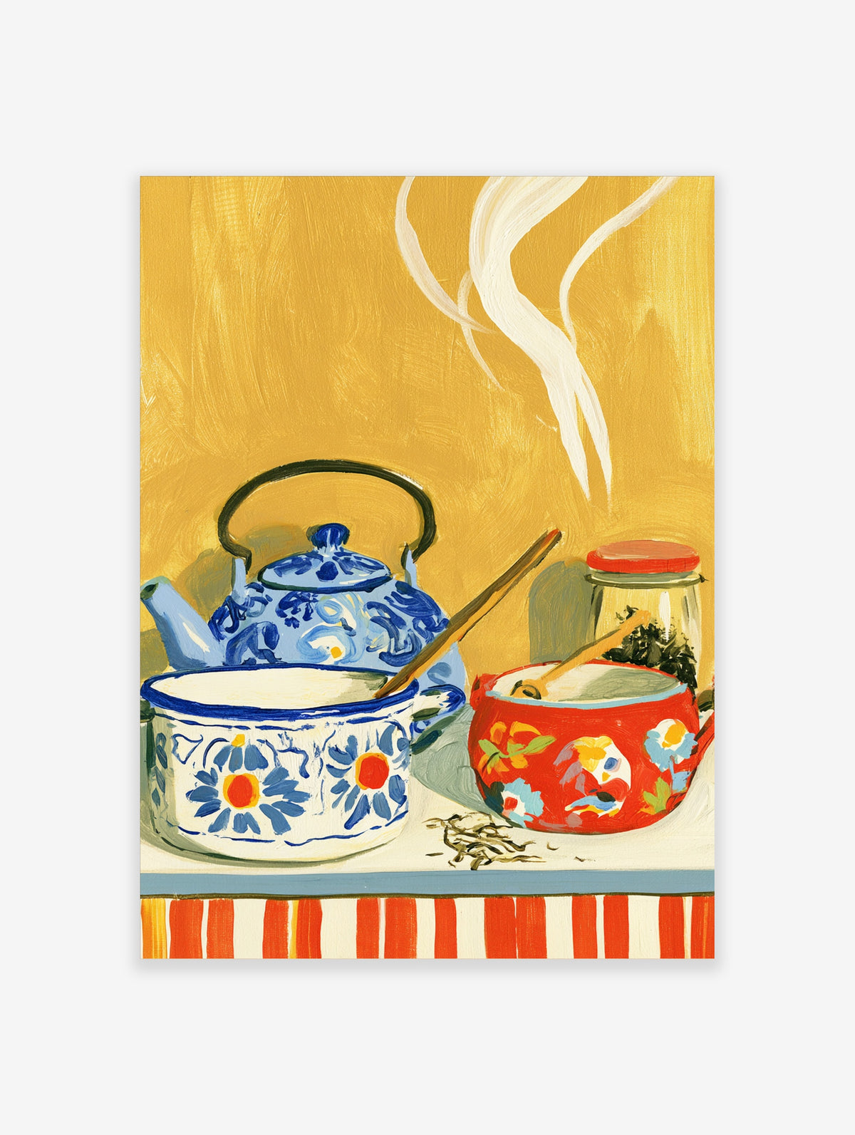 Blue and white teapot still life poster with red bowl, steam, and yellow background