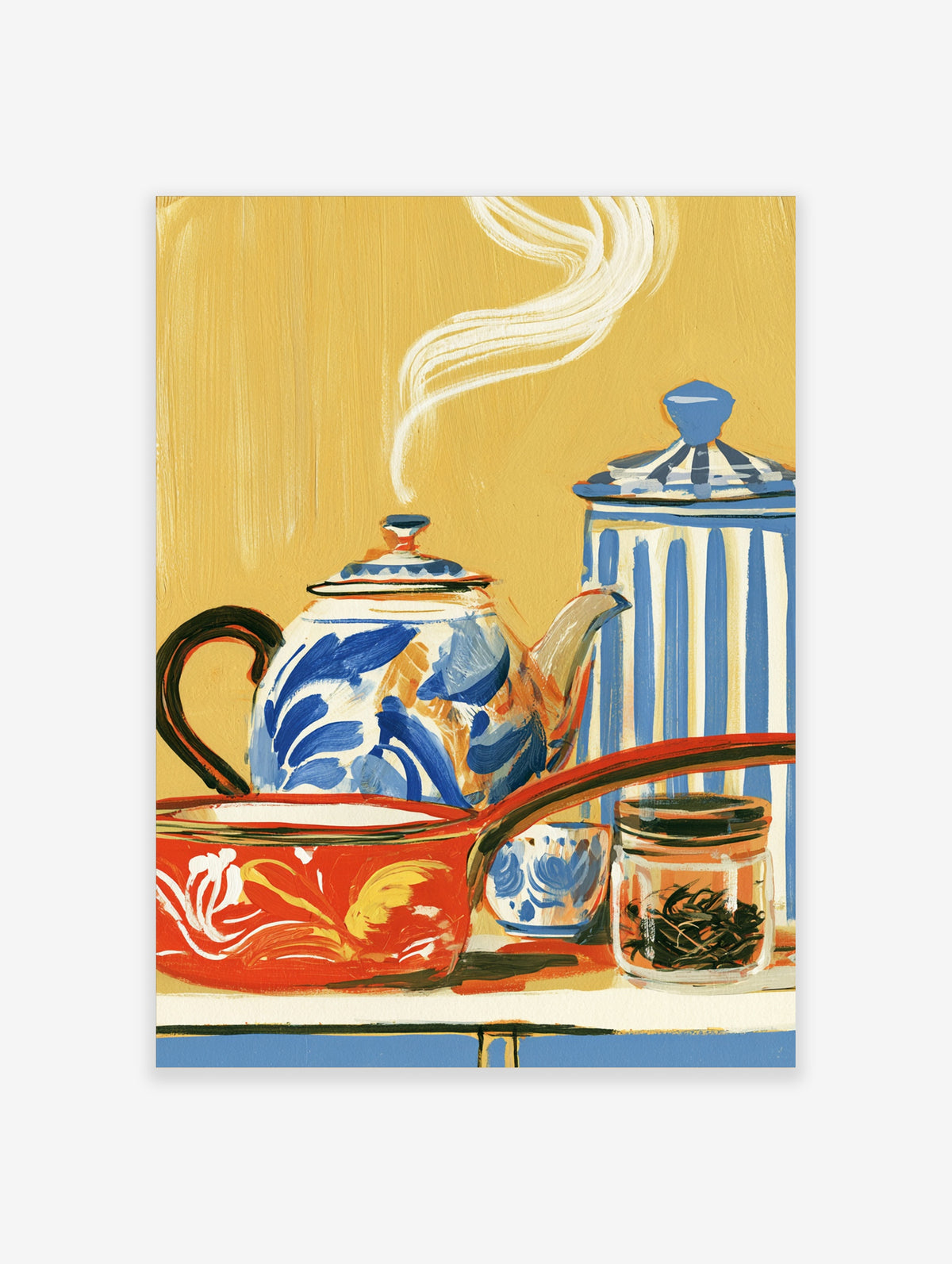 Blue and white teapot with steam, red pan, striped jar, and tea tin on yellow background still life art print