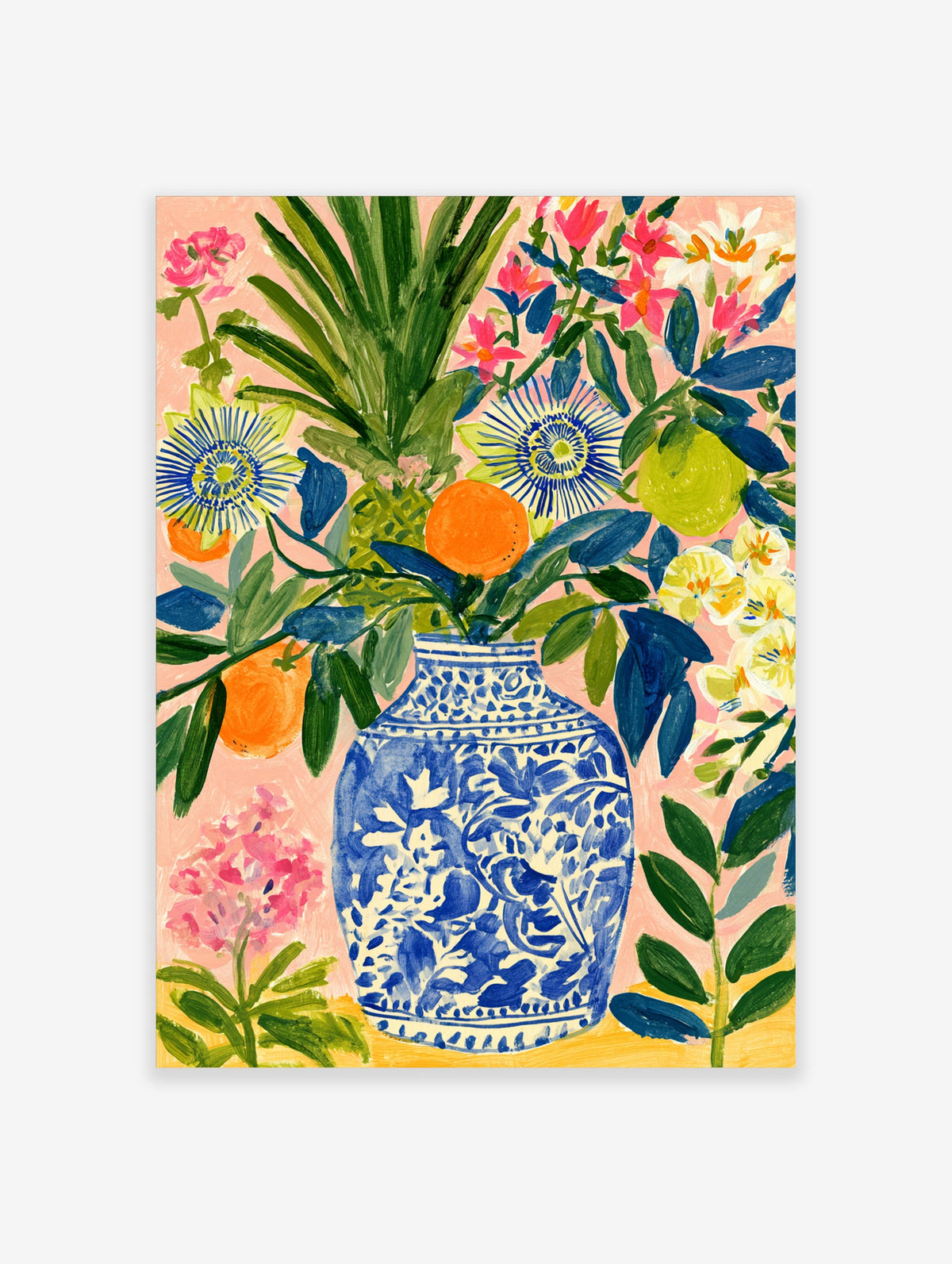Blue and white vase with oranges, lemons, and pink flowers painting on pink background