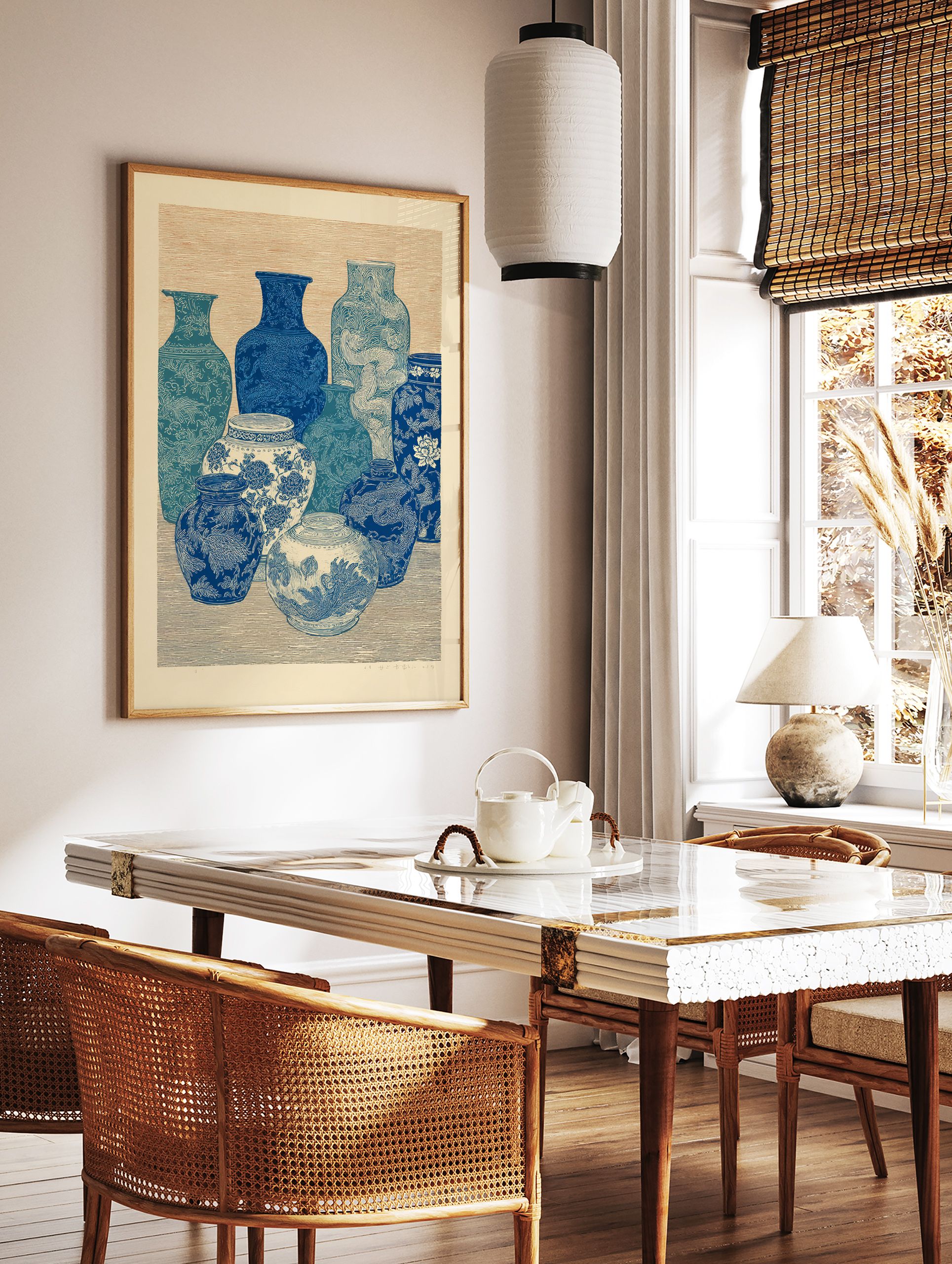 Still life of blue and white vases with intricate Chinoiserie patterns, woodblock print style wall art. - Image 2