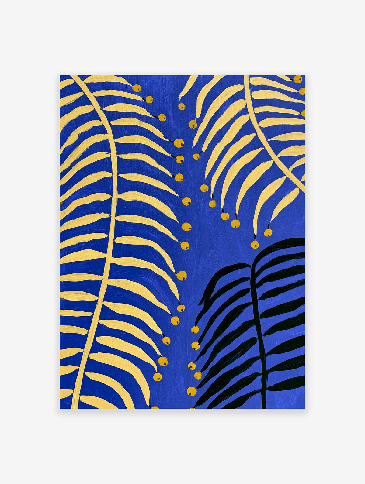 Blue and yellow botanical art print with stylised palm leaves and yellow berries