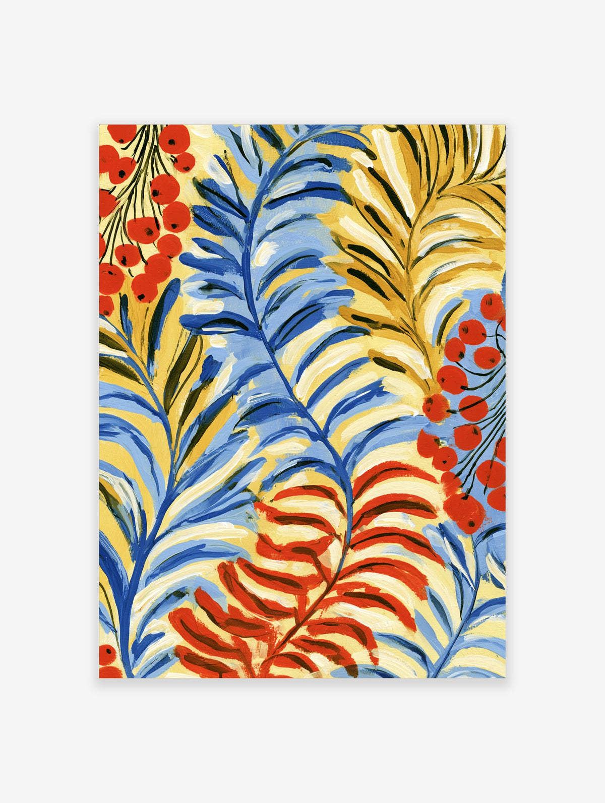 Blue and yellow botanical art print with stylised fern leaves and red berry clusters