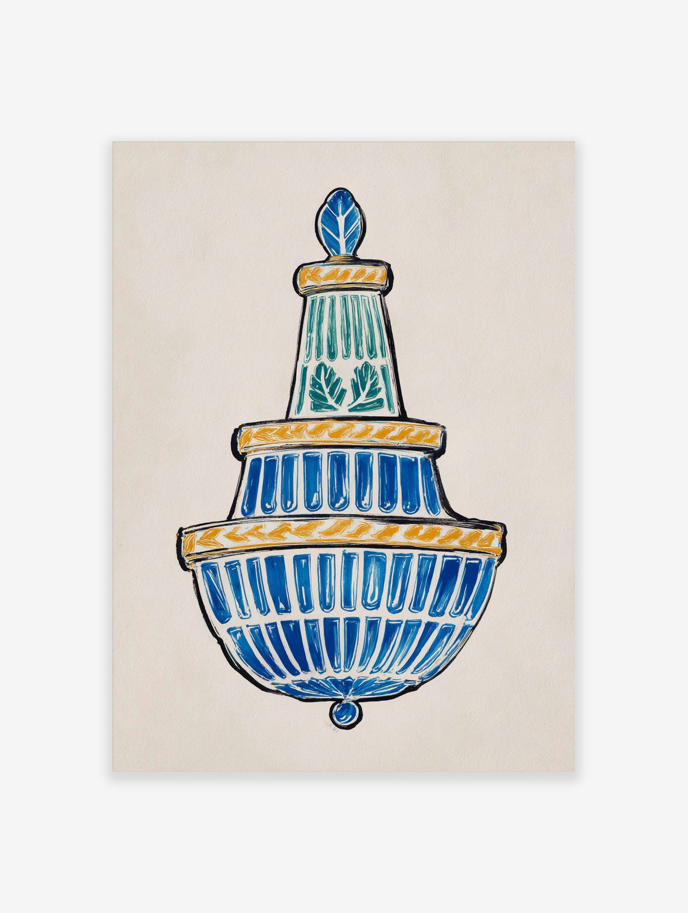 Blue and yellow ceramic vase illustration with leaf motifs and geometric bands on beige background