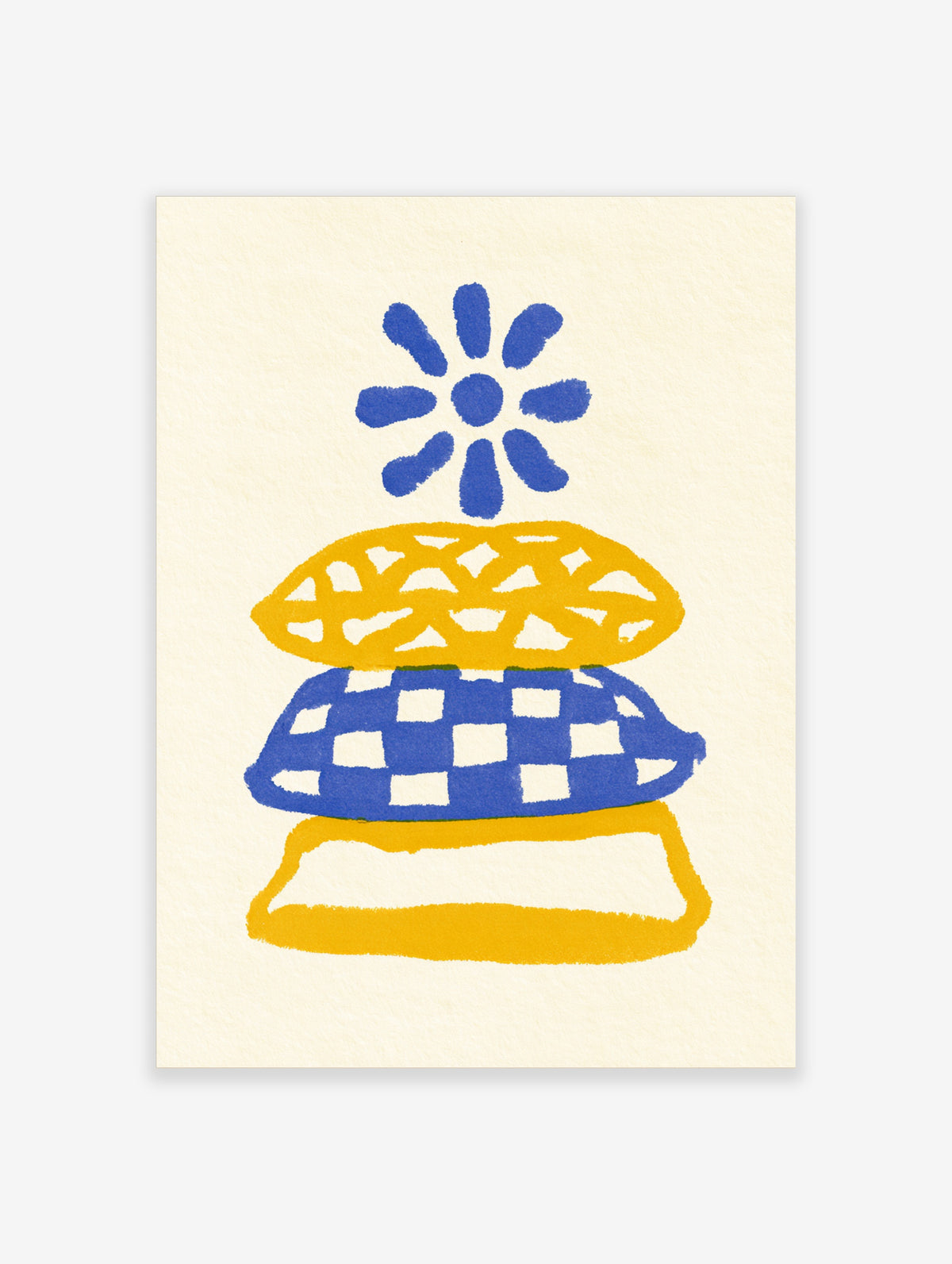 Blue and yellow checkerboard flower poster with daisy motif and gingham pattern on cream background