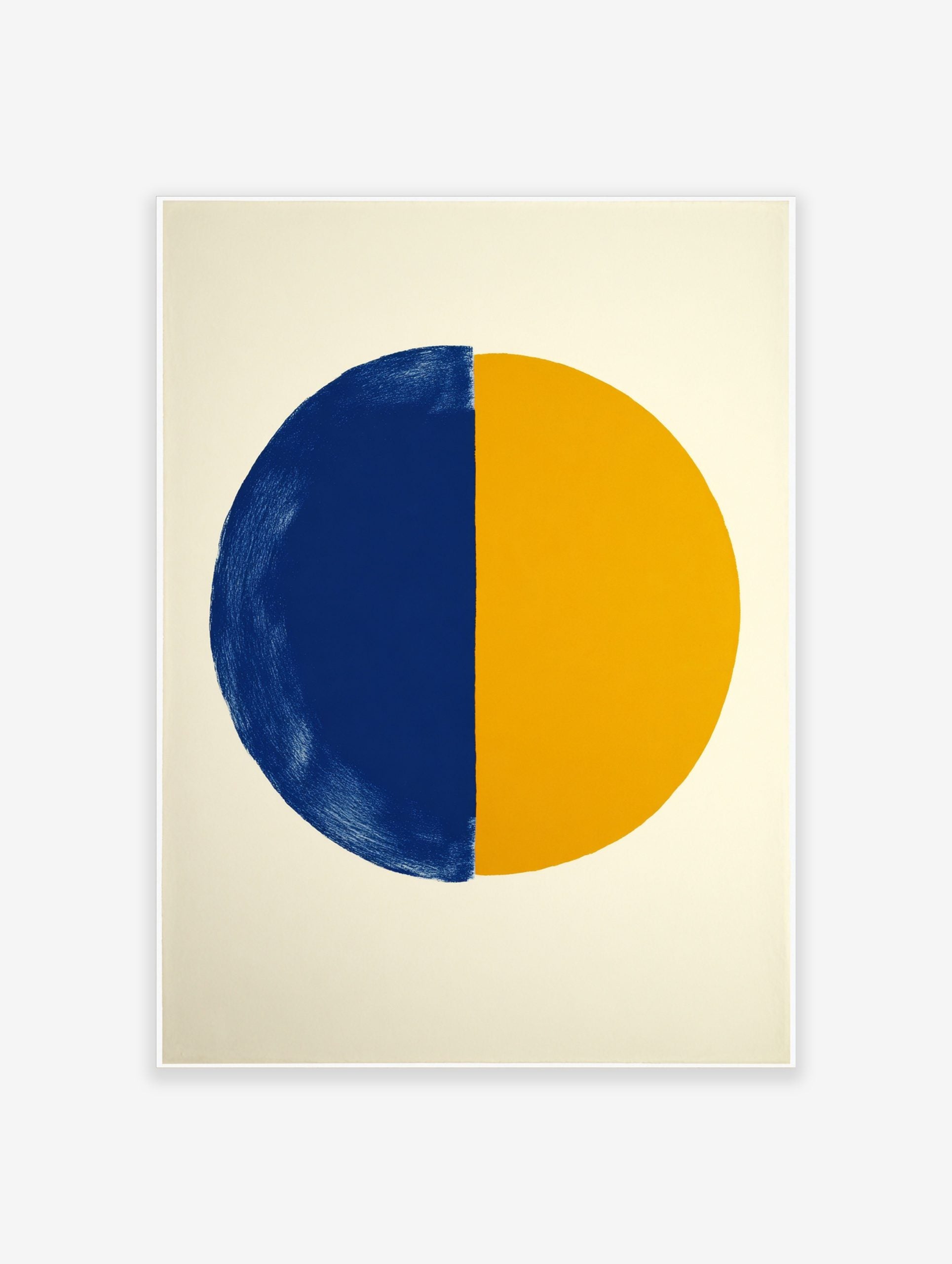 Abstract art print with a large circle split vertically into a textured blue half and a smooth yellow half on cream paper