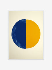 Abstract art print with a large circle split vertically into a textured blue half and a smooth yellow half on cream paper