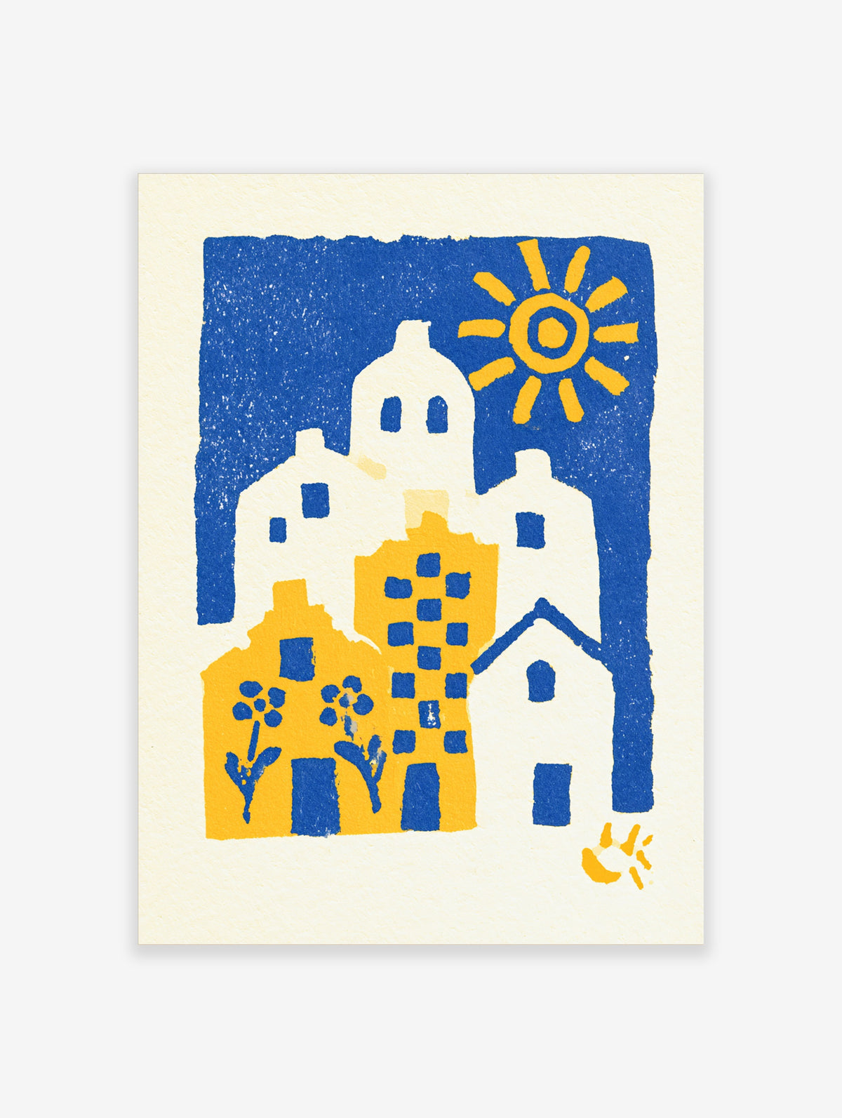 Blue and yellow coastal village poster with white houses, sun, and floral motifs
