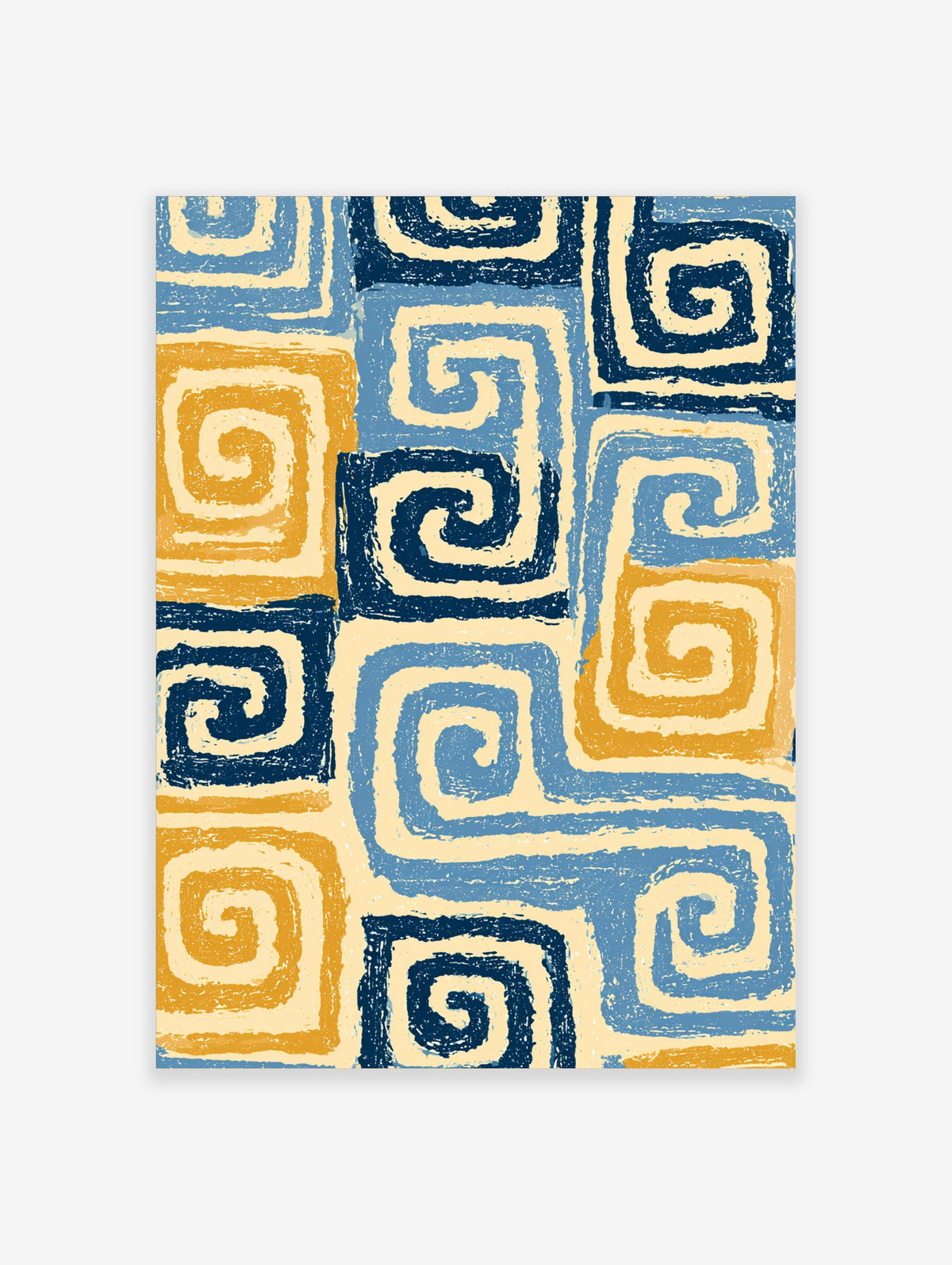 Geometric spiral poster with navy, blue, yellow and cream square motifs in a textured hand-painted style