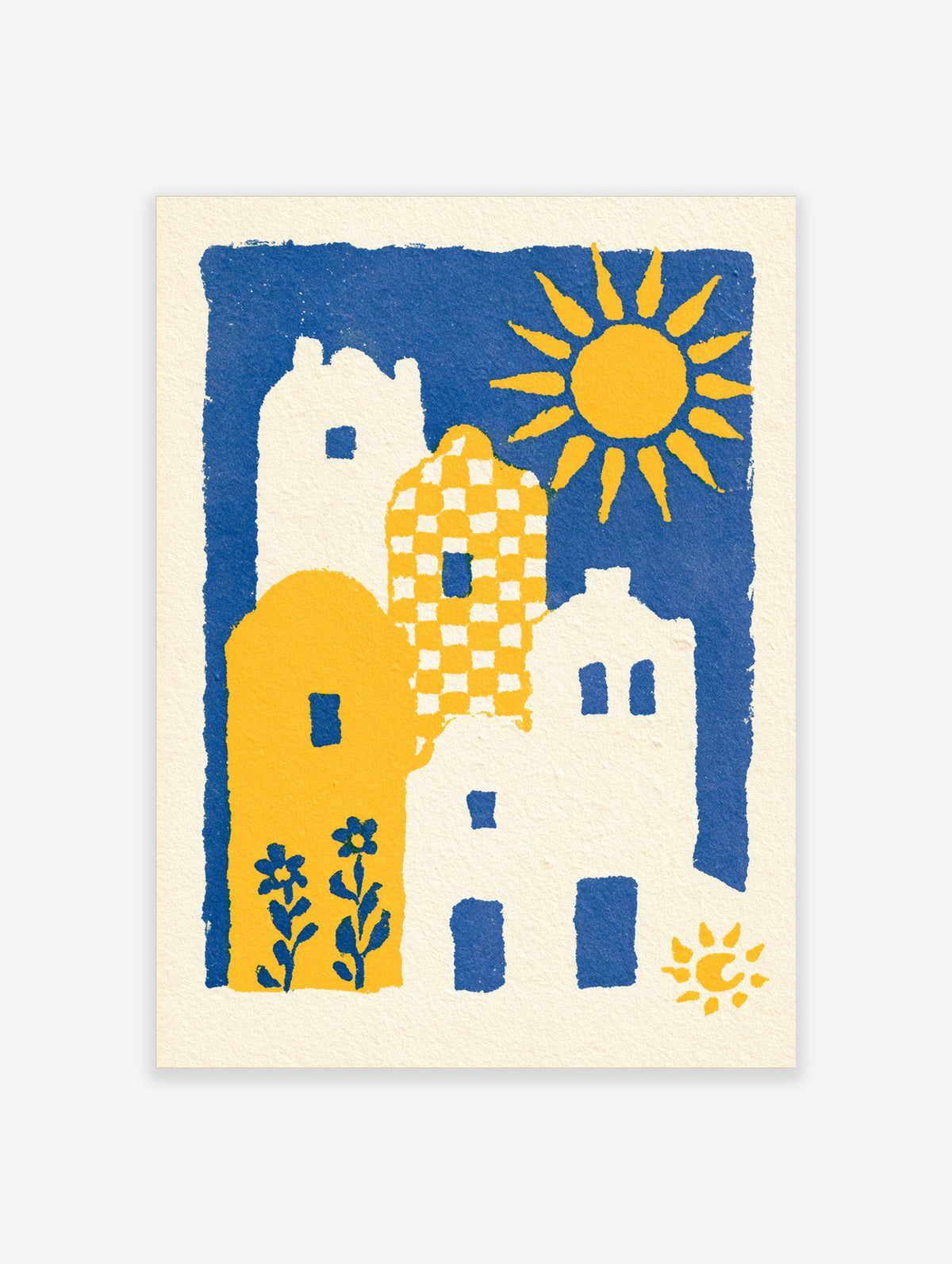 Blue and yellow sun poster with white Mediterranean village, patterned tower, and flowers