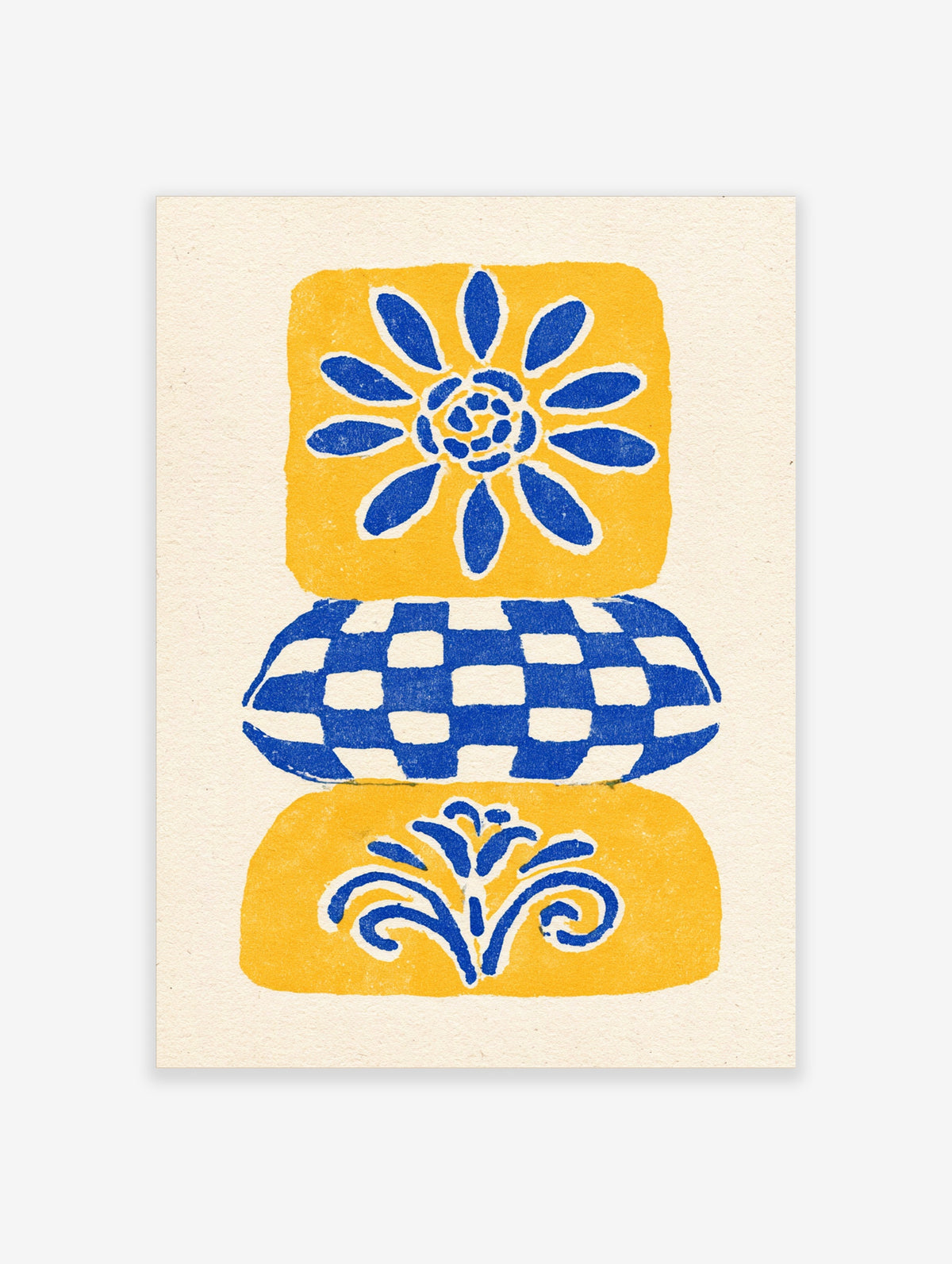 Blue and yellow tile pattern poster with stylised flower, checkerboard band and leaf motif