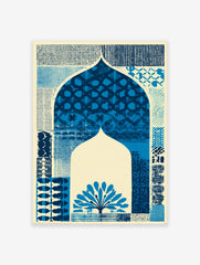 Blue arch pattern poster with cultural motifs and a stylized tree on a cream background, featuring various textures.