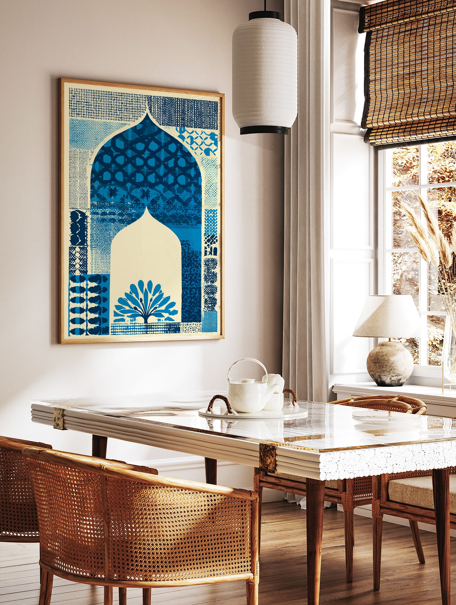 Blue arch pattern poster with cultural motifs and a stylized tree on a cream background, featuring various textures. - Image 2
