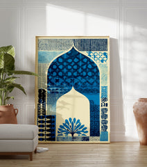 Blue arch pattern poster with cultural motifs and a stylized tree on a cream background, featuring various textures. - Image 3
