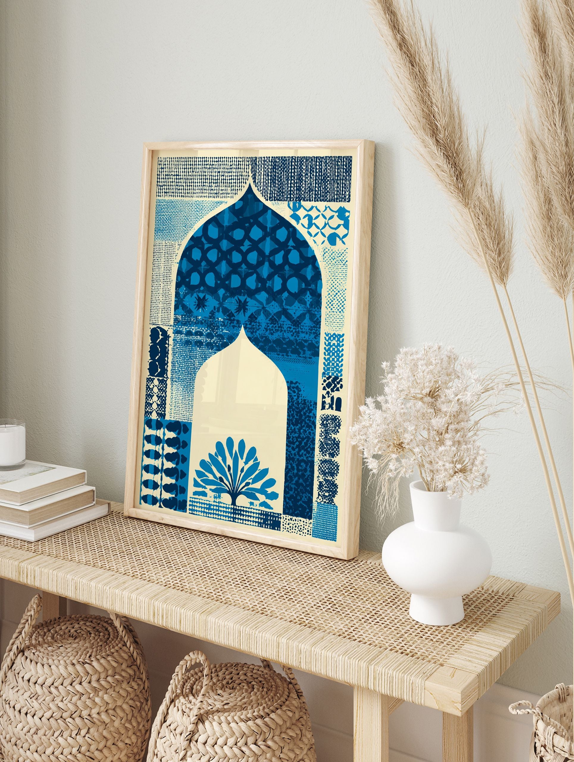 Blue arch pattern poster with cultural motifs and a stylized tree on a cream background, featuring various textures. - Image 4