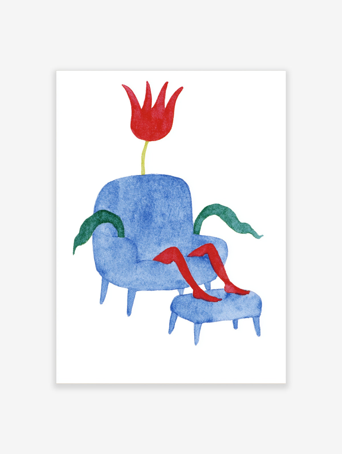 Surrealist poster of a blue armchair with a red tulip head, green leaf arms, and red legs on a footstool