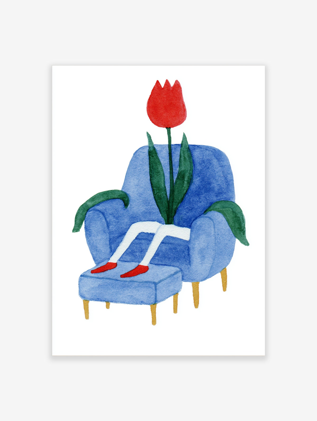 Watercolour illustration of a red tulip sitting in a blue armchair with white legs and red shoes on a footstool