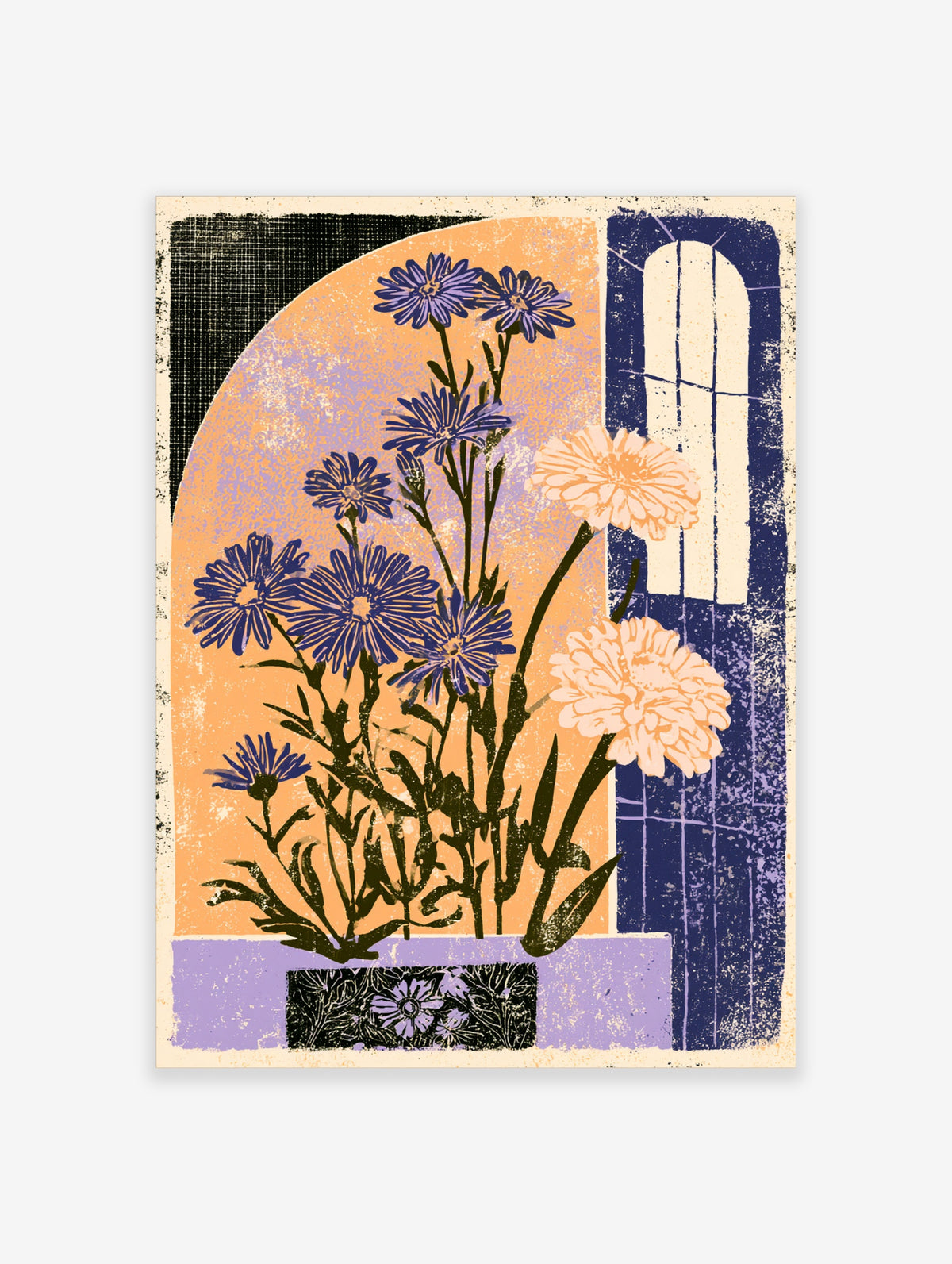 Blue aster and peach chrysanthemum flowers on dark green stems against a peach and lavender background with a navy arched