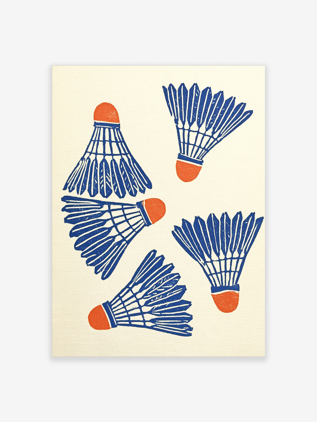 Blue and orange badminton shuttlecock art print with five birds on cream background
