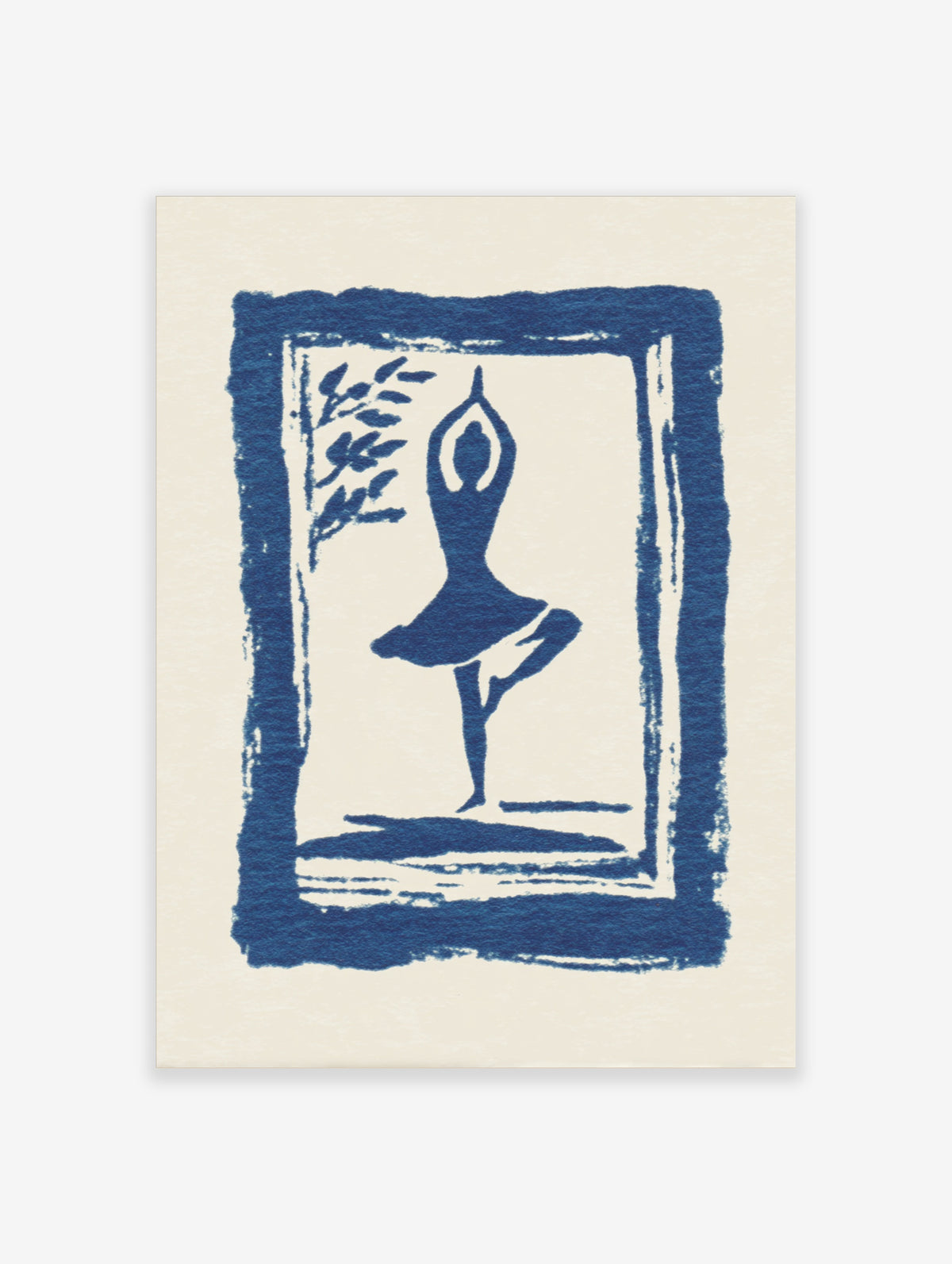 Blue ballerina silhouette in arabesque pose with leafy branch and textured border on cream background