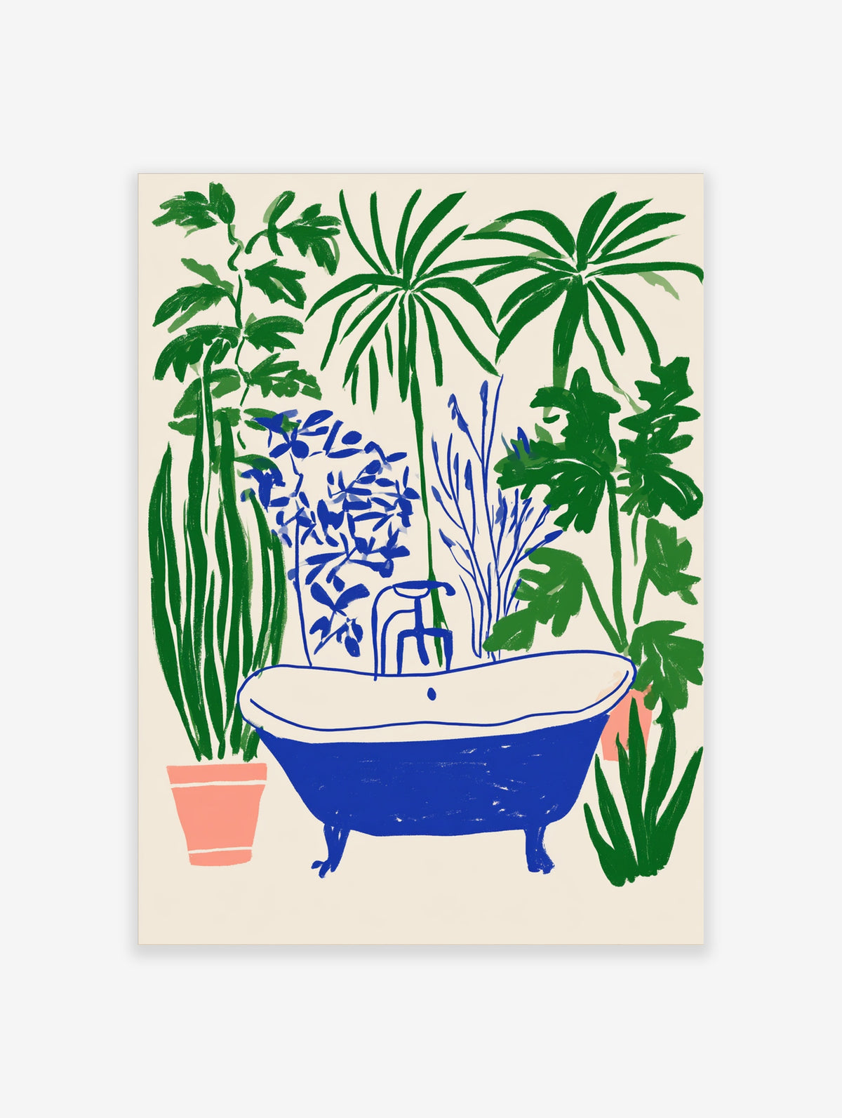 Blue bathtub poster with green palm leaves, blue branches, and coral plant pot on neutral background