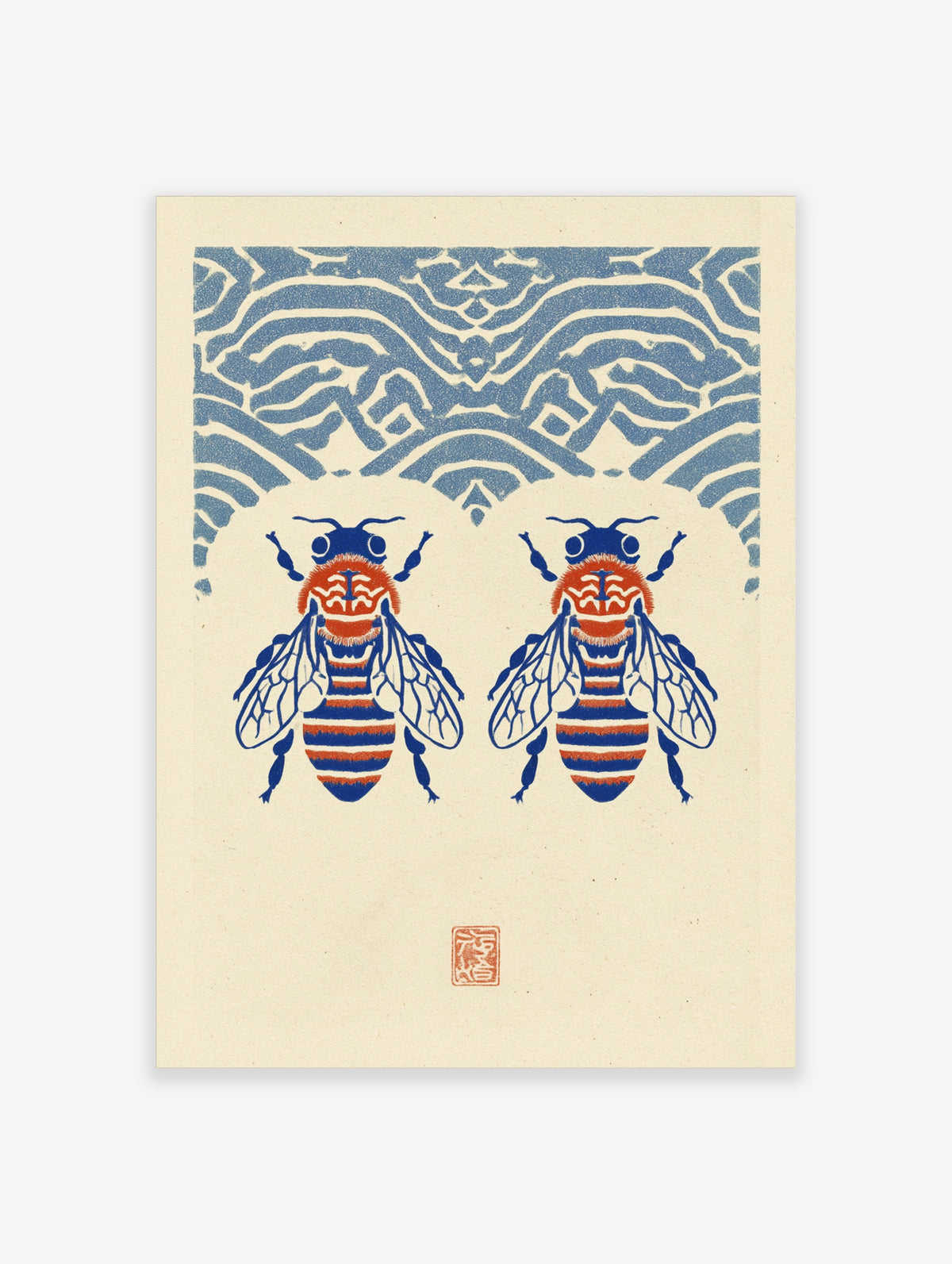 Blue bee art print with two symmetrical bees and blue geometric wave pattern on cream background