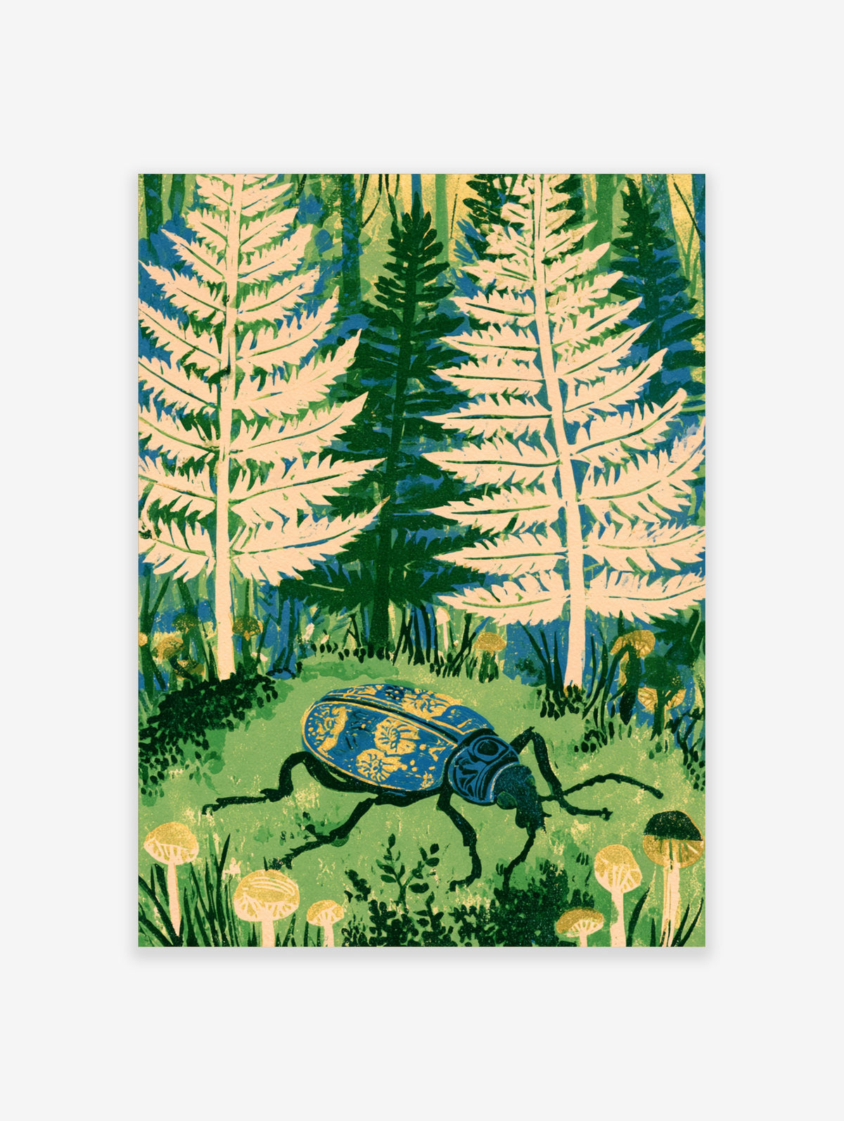 Blue beetle with patterned wing cases on grass among pale ferns, pine trees, and mushrooms in a forest