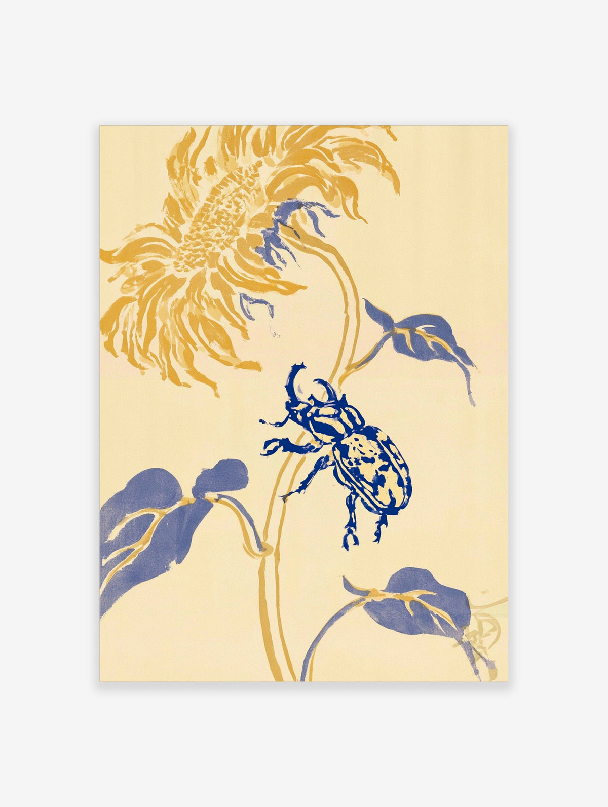Blue beetle on a golden sunflower stem with indigo leaves on a cream background, Japanese woodblock style art print