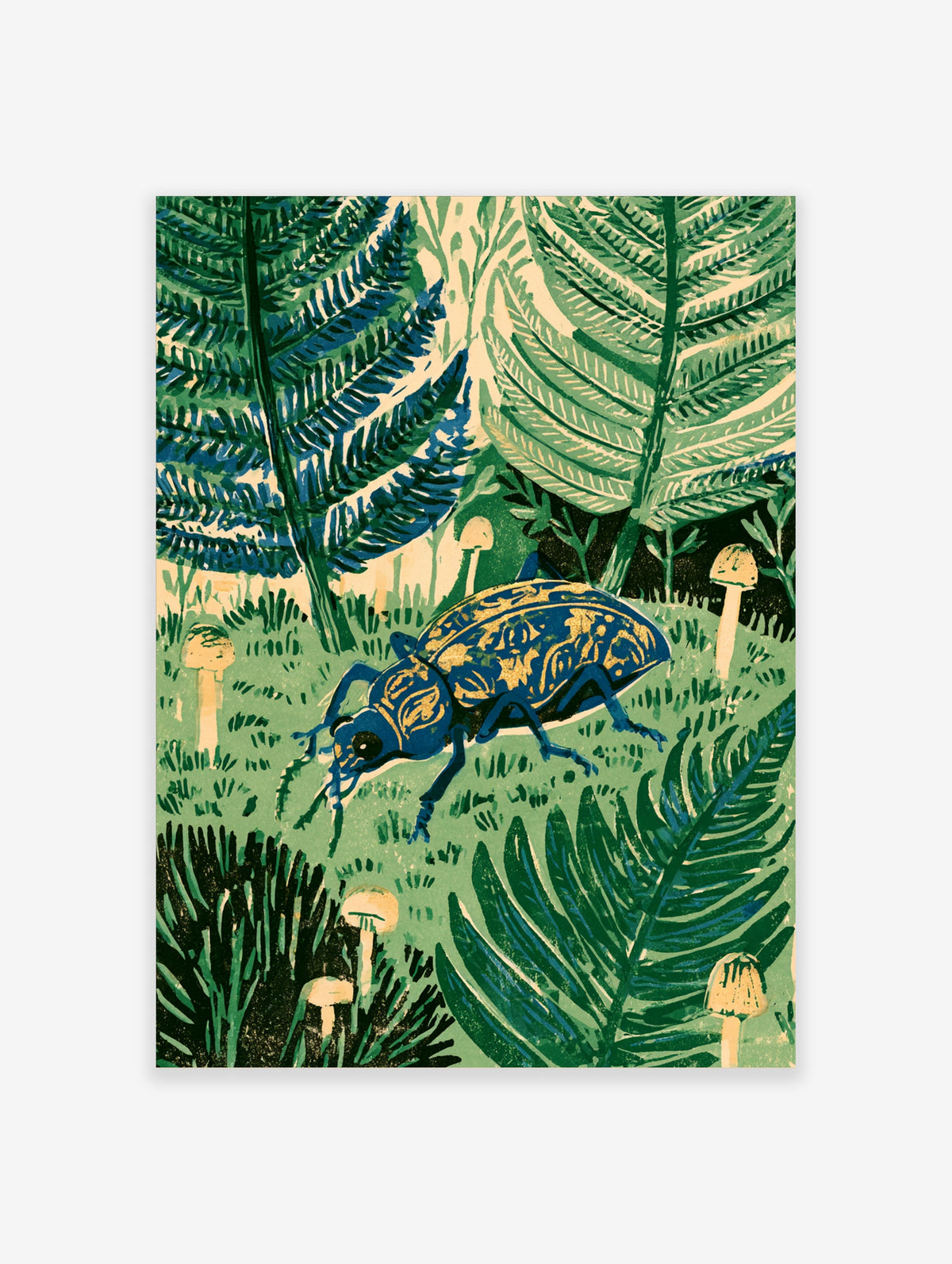 Blue beetle with gold patterned shell among green ferns and cream mushrooms in a woodland illustration