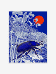 Blue beetle with golden details among white botanical line art, deep blue background, red sun