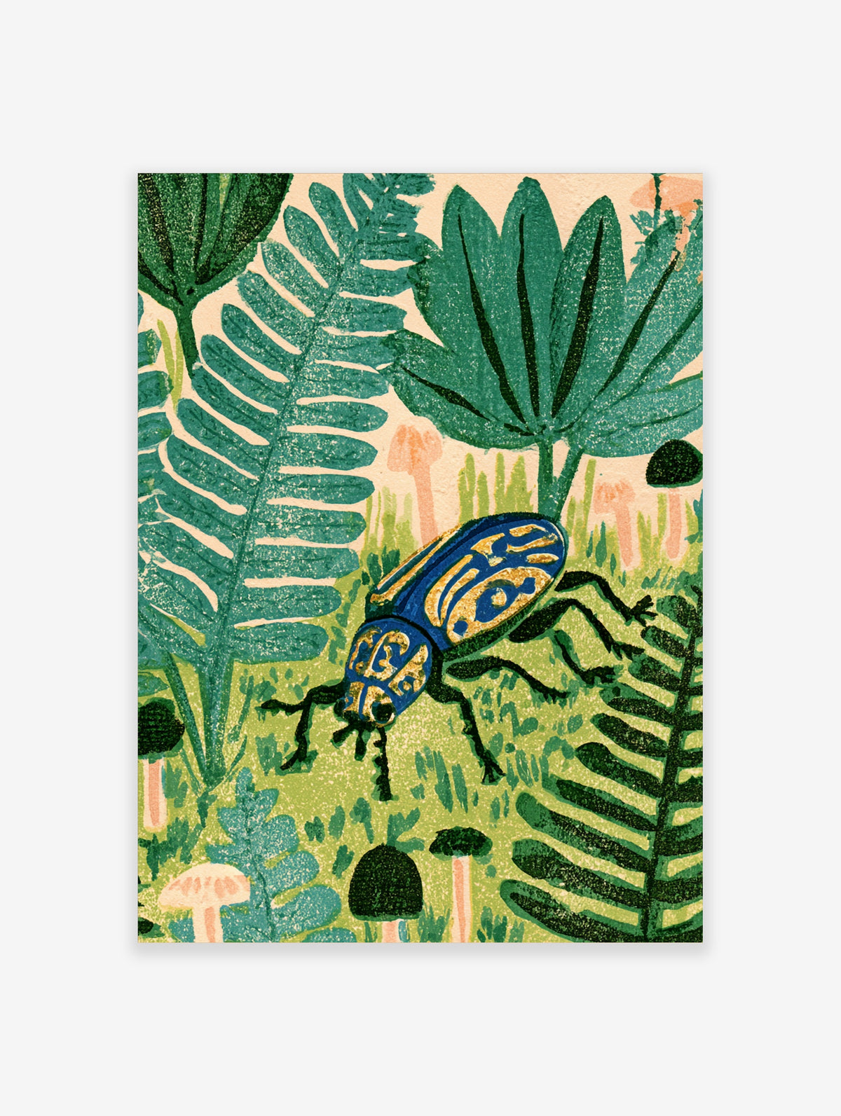 Blue and gold beetle on jungle floor with green leaves and pink mushrooms art print