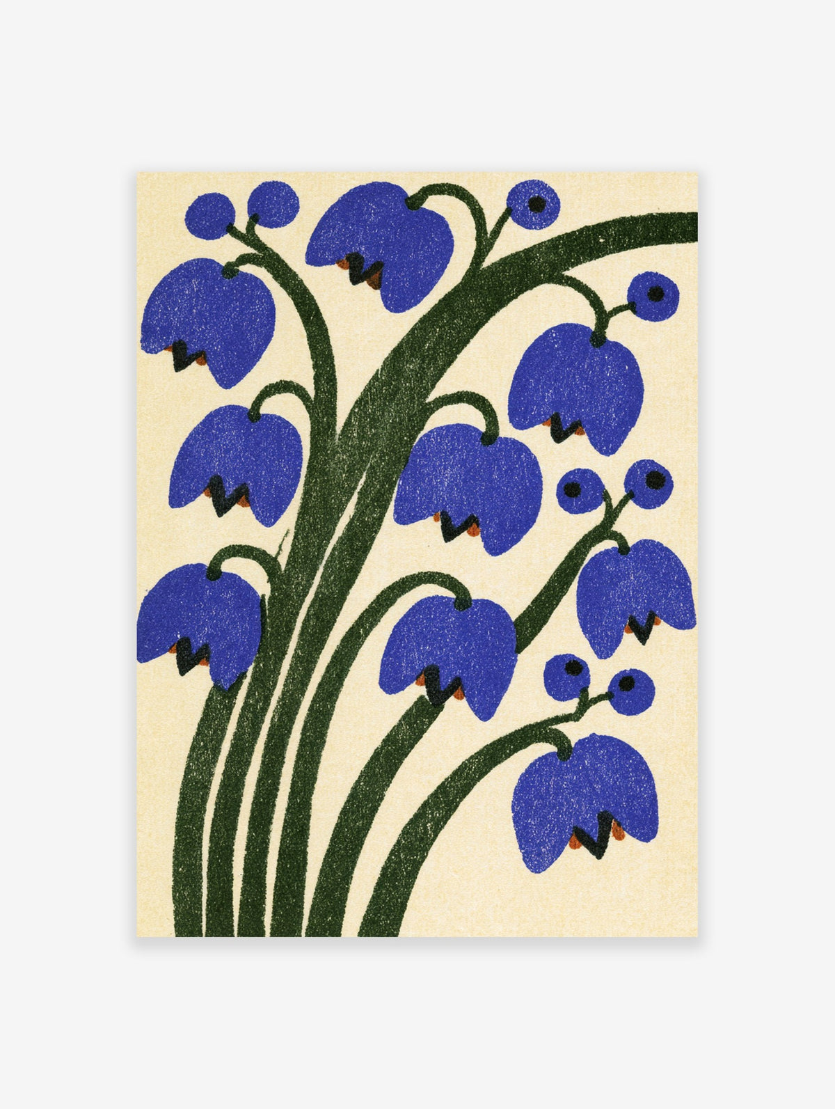 Stylized blue bell flower botanical illustration with green stems on a cream background, illustrative style art print