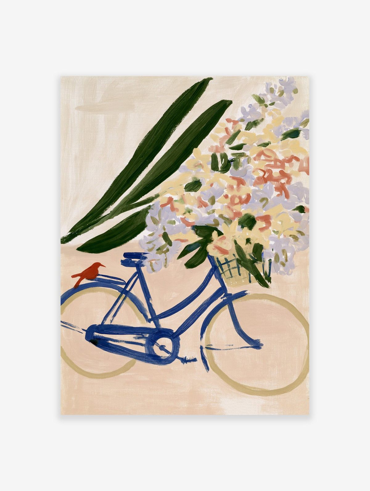 Blue bicycle with a flower basket and a red bird on a tan background, illustrative botanical wall art print