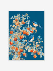 Blue bird and fruit tree poster featuring two bluebirds, orange fruits, and golden outlined leaves on a deep blue background.