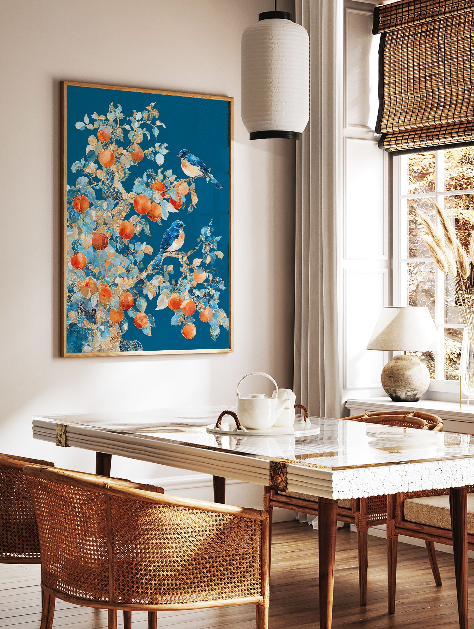 Blue bird and fruit tree poster featuring two bluebirds, orange fruits, and golden outlined leaves on a deep blue background. - Image 2