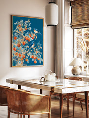 Blue bird and fruit tree poster featuring two bluebirds, orange fruits, and golden outlined leaves on a deep blue background. - Image 2