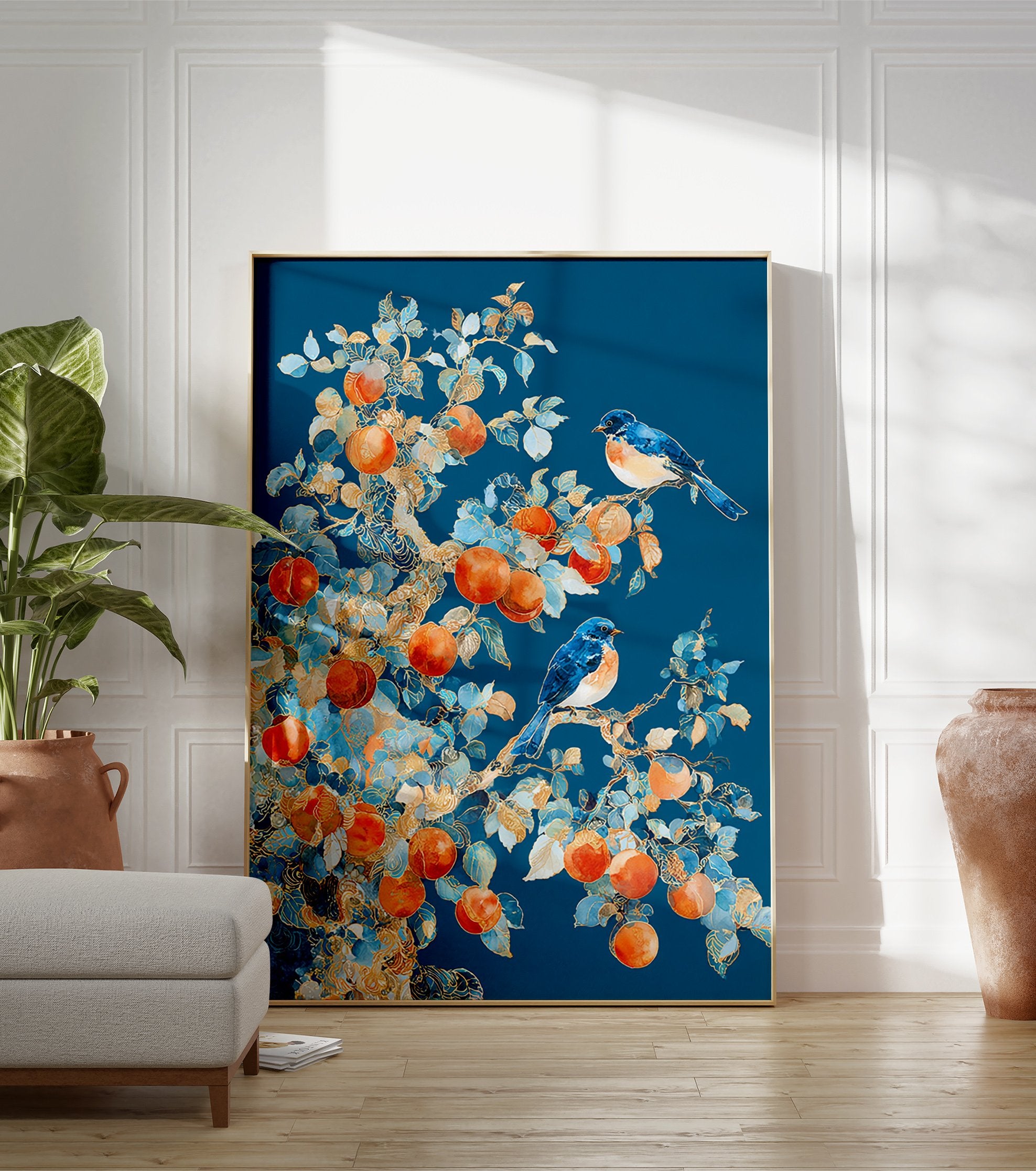Blue bird and fruit tree poster featuring two bluebirds, orange fruits, and golden outlined leaves on a deep blue background. - Image 3