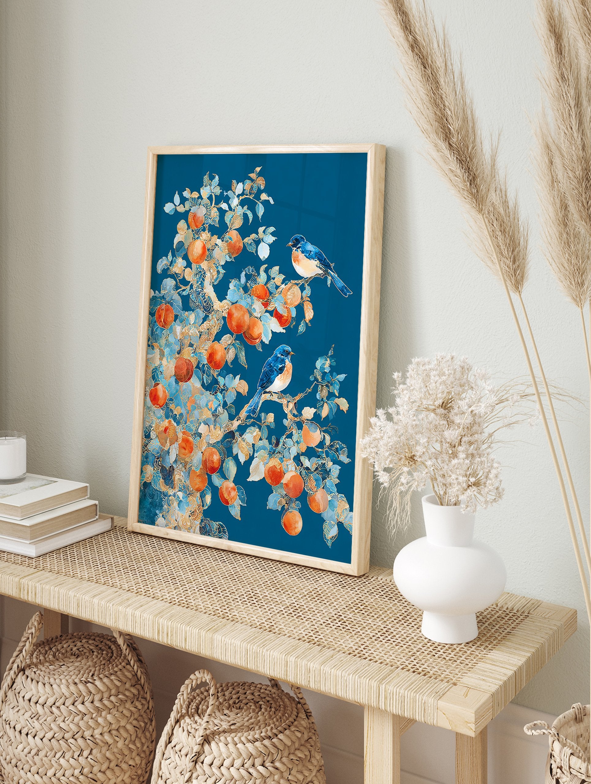 Blue bird and fruit tree poster featuring two bluebirds, orange fruits, and golden outlined leaves on a deep blue background. - Image 4