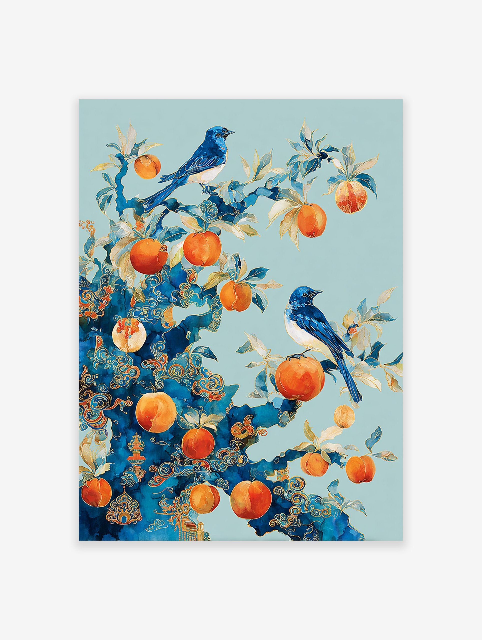 Blue bird poster with two blue birds perched on a stylized tree branch with orange fruits and gold patterns.