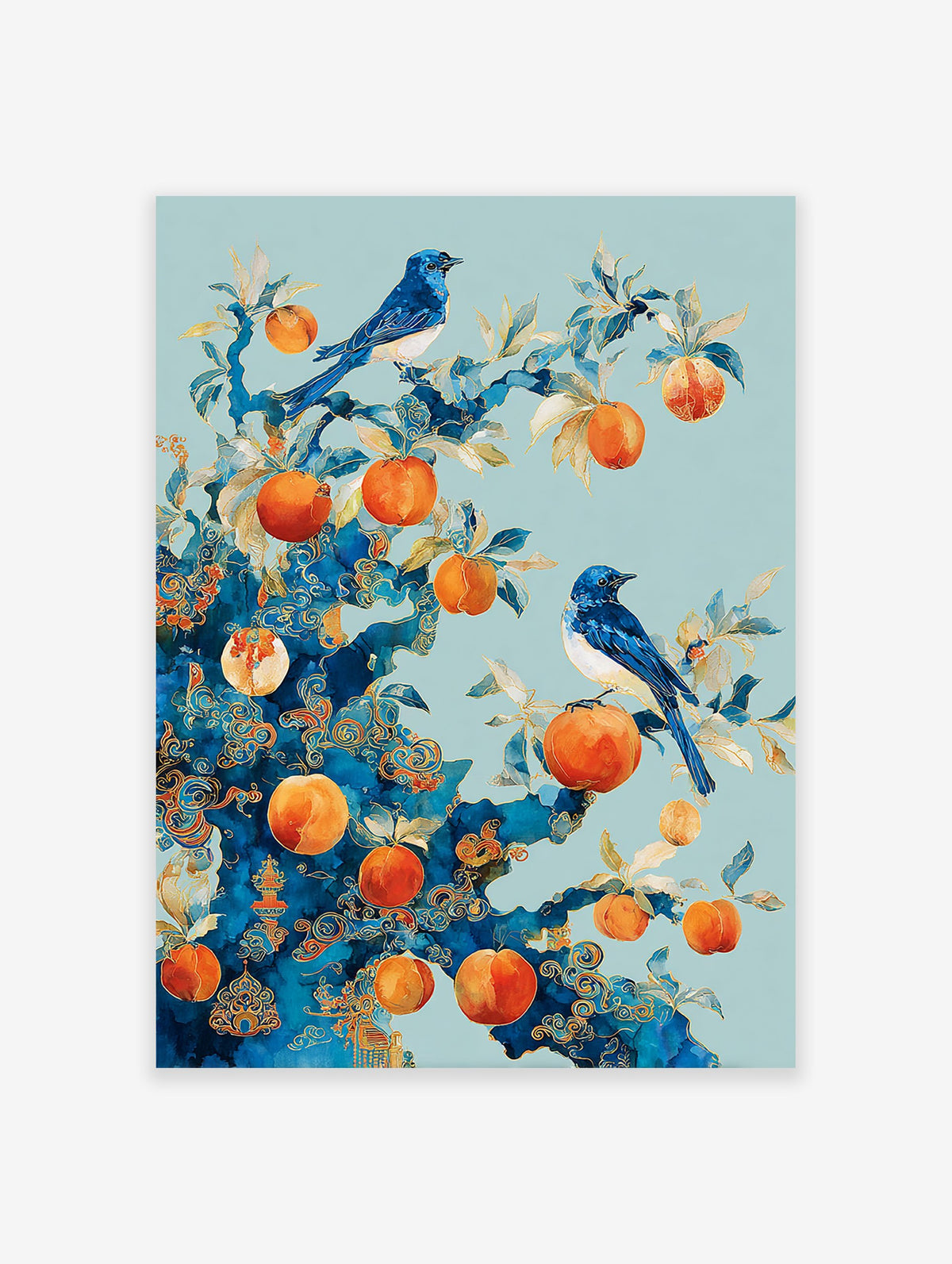 Blue bird poster with two blue birds perched on a stylized tree branch with orange fruits and gold patterns.