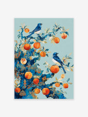 Blue bird poster with two blue birds perched on a stylized tree branch with orange fruits and gold patterns.