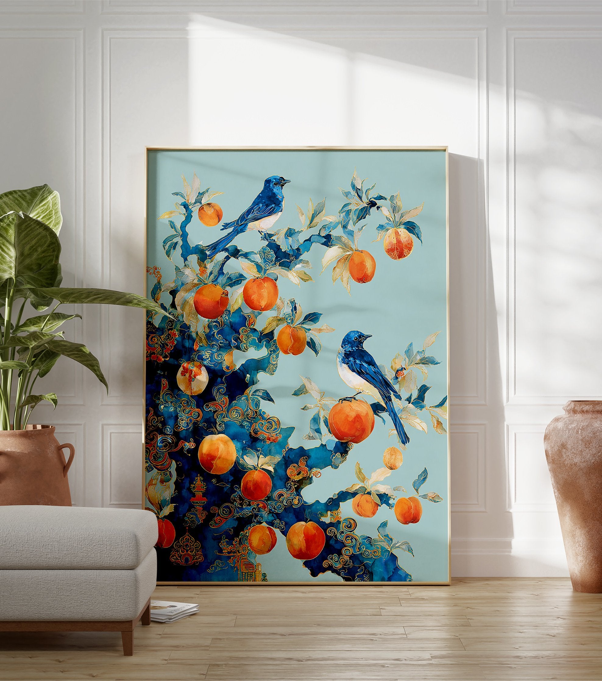 Blue bird poster with two blue birds perched on a stylized tree branch with orange fruits and gold patterns. - Image 3