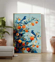Blue bird poster with two blue birds perched on a stylized tree branch with orange fruits and gold patterns. - Image 3